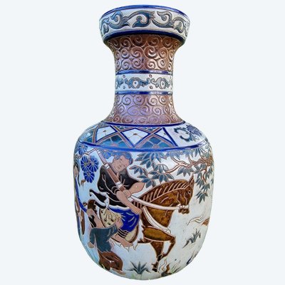 Bien Hoa Stoneware Vase, Vietnamese Asian Style, Decorated with Horsemen and Children