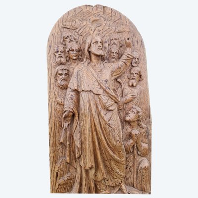 Hochrelief-Altarbildtafel aus geschnitzter Eiche: Der auferstandene Christus und die Apostel
