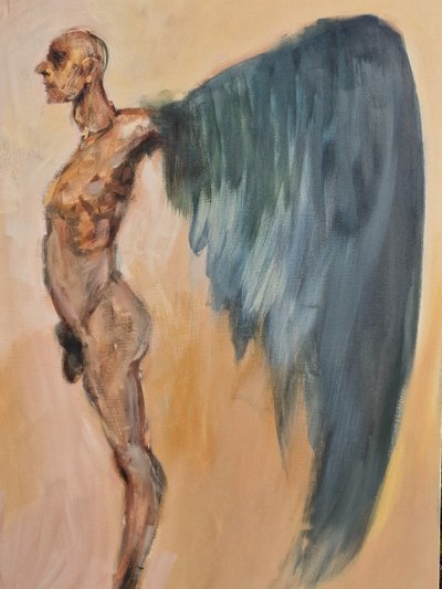 Large Painting Icarus Will Fly Away by Arturo Denarvez, Colombian Painter, Montreuil