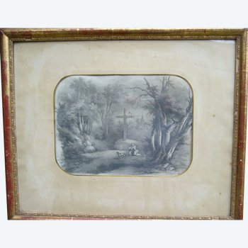 Dessin ancien paysage de 1850 par Lemercier