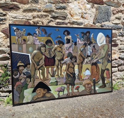 Large Painting by Michel Bron Valentin, Visionary Painter of the Strange and Monsters