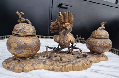 Large Japanese-style inkwell with a silver, copper, and gold turkey