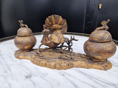 Large Japanese-style inkwell with a silver, copper, and gold turkey