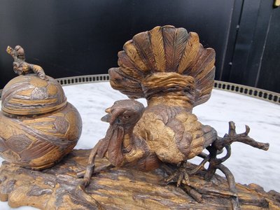 Large Japanese-style inkwell with a silver, copper, and gold turkey
