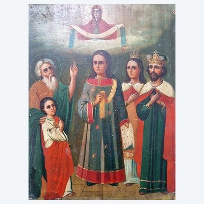 Russisch-orthodoxe Ikone, Tempera auf Holz, mit Romanos dem Meloden  Pokrow
