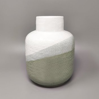 1970 Beautiful Green And White Ceramic Vase by F.lli Brambilla. Made in Italy