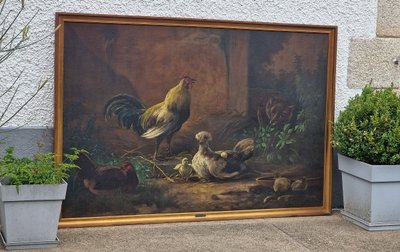 Grand tableau coq, poules et renard Provenance famille Augustine des Cars château de Sourches
