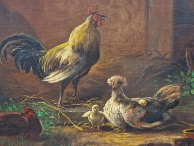 Grand tableau coq, poules et renard Provenance famille Augustine des Cars château de Sourches