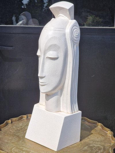 Important crackled ceramic queen's head after Gustave Miklos, Art Deco