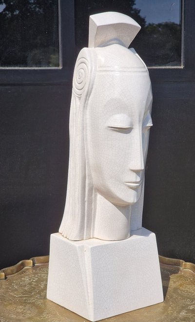 Important crackled ceramic queen's head after Gustave Miklos, Art Deco