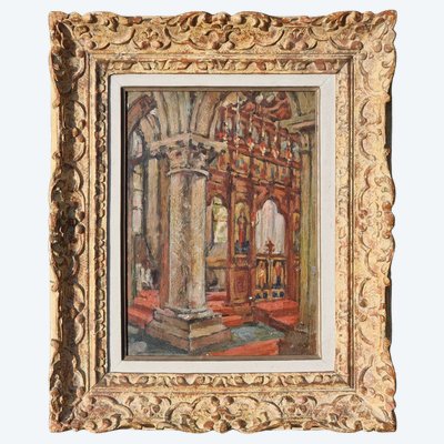 Interior church painting circa 1940, Brittany, with its patinated wooden Montparnasse frame