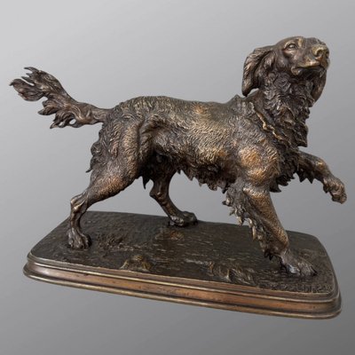 Sculpture - Spaniel Dog On The Lookout , Ferdinand Pautrot (1832 - 1874) - Bronze