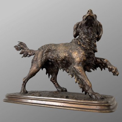 Sculpture - Spaniel Dog On The Lookout , Ferdinand Pautrot (1832 - 1874) - Bronze