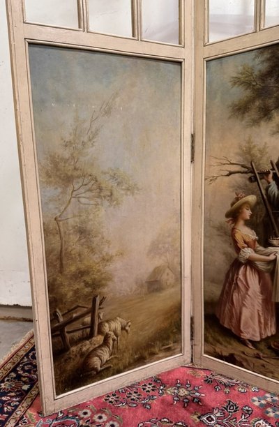 Three-panel Louis XVI style screen with Romantic and landscape decorations
