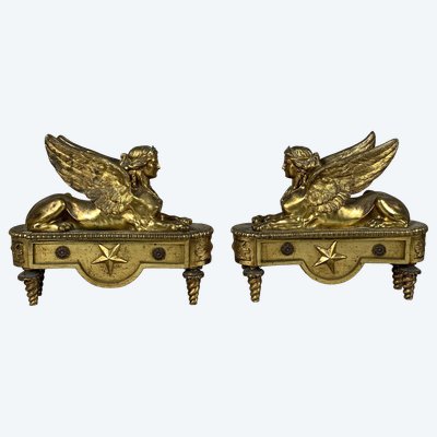 Pair of andirons with sphinxes from the Directoire period, 18th century, attributed to Thomire