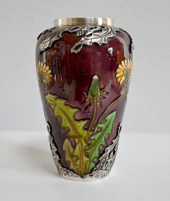 Vaso "Les Pissenlits" in argento e ceramica smaltata, Manufacture de Sèvres, Art Nouveau - Fine XIX secolo