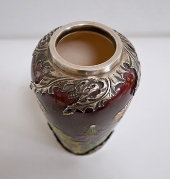 Vaso "Les Pissenlits" in argento e ceramica smaltata, Manufacture de Sèvres, Art Nouveau - Fine XIX secolo