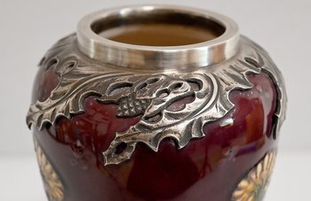 Vaso "Les Pissenlits" in argento e ceramica smaltata, Manufacture de Sèvres, Art Nouveau - Fine XIX secolo
