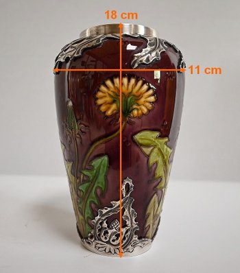 Vaso "Les Pissenlits" in argento e ceramica smaltata, Manufacture de Sèvres, Art Nouveau - Fine XIX secolo