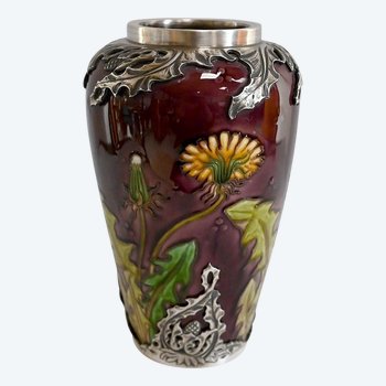 Vaso "Les Pissenlits" in argento e ceramica smaltata, Manufacture de Sèvres, Art Nouveau - Fine XIX secolo