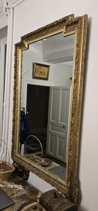 MIROIR À PARCLOSES rare avec porte Napoléon III bois laiton repoussé