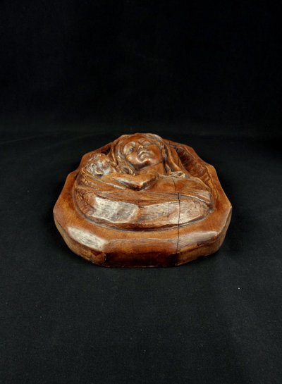 Scultura da parete Vergine con Bambino in legno di quercia, stile Art Déco, anni '80