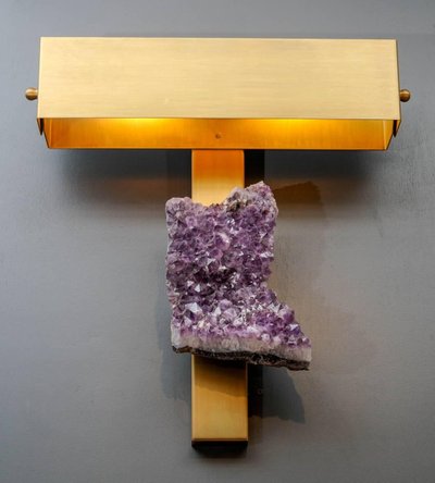 Pair of brass wall sconces with rectangular amethyst shades