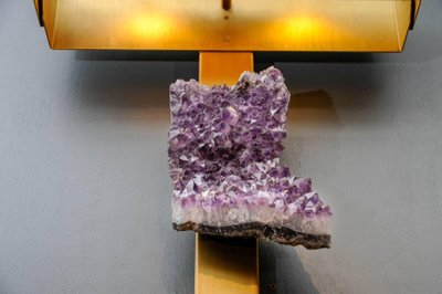 Pair of brass wall sconces with rectangular amethyst shades