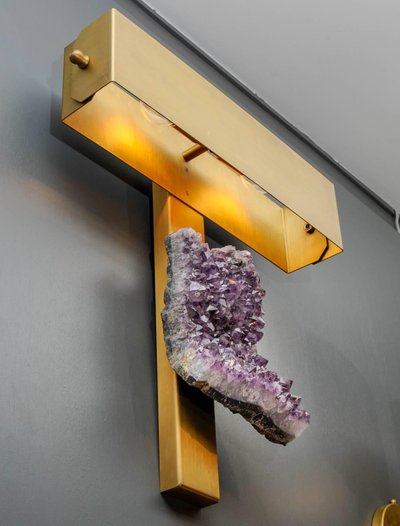 Pair of brass wall sconces with rectangular amethyst shades