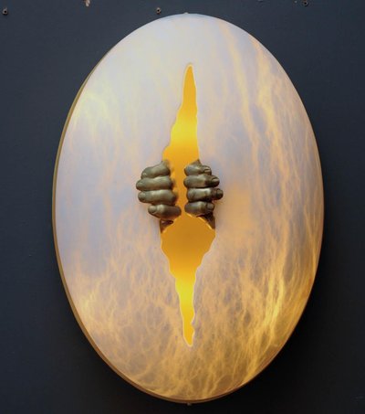 Glustin Luminaires Creation wall lights in alabaster with brass handles