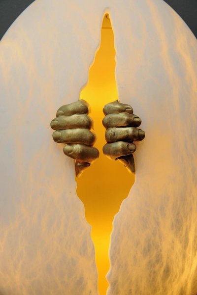 Glustin Luminaires Creation wall lights in alabaster with brass handles