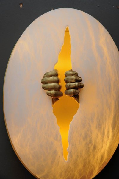 Glustin Luminaires Creation wall lights in alabaster with brass handles