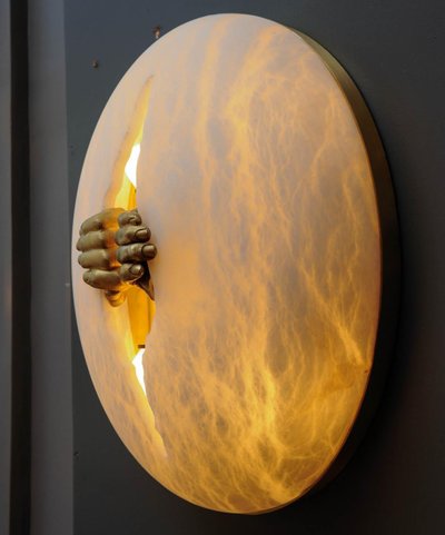 Glustin Luminaires Creation wall lights in alabaster with brass handles
