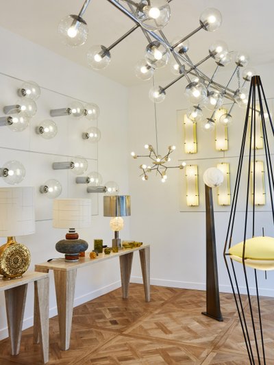Five-bulb nickel stacking chandelier by Kinkeldey