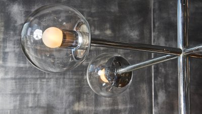 Five-bulb nickel stacking chandelier by Kinkeldey