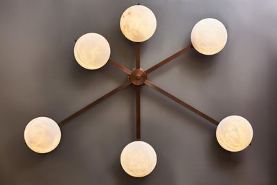 Asymmetrical six-arm wall and ceiling light in brass and alabaster