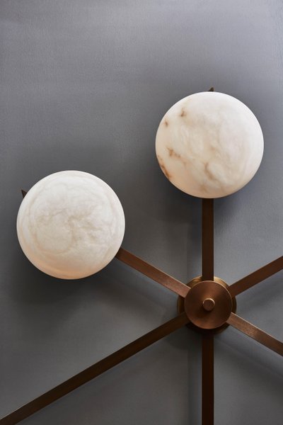 Asymmetrical six-arm wall and ceiling light in brass and alabaster