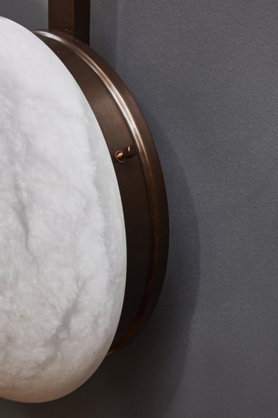 Asymmetrical six-arm wall and ceiling light in brass and alabaster