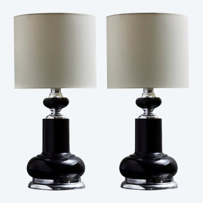 Pair of black 1980s desk lamps with metallic accents