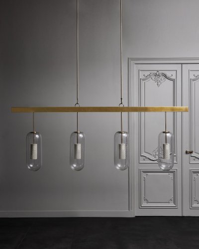 Diego Mardegan long brass and glass chandelier