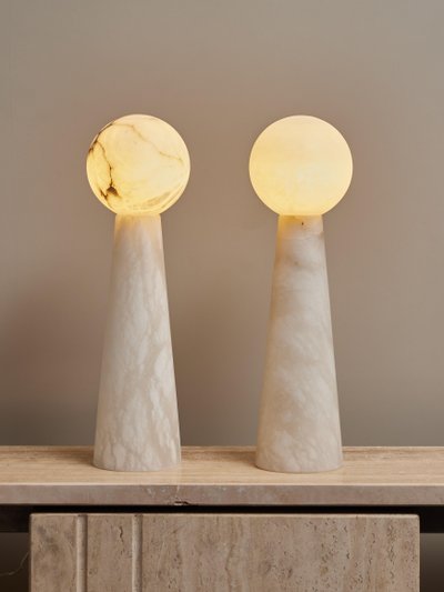 Pair of large alabaster conical table lamps with globes