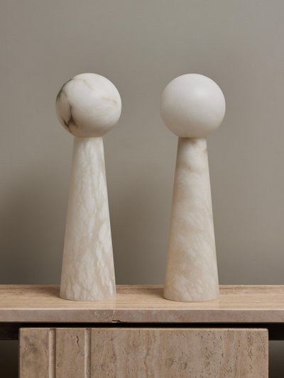 Pair of large alabaster conical table lamps with globes