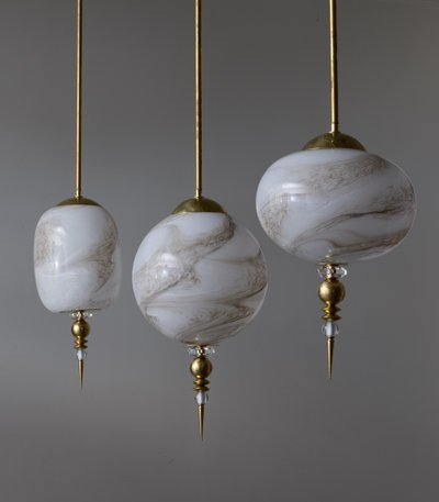 Brass pendant lights with painted glass globes