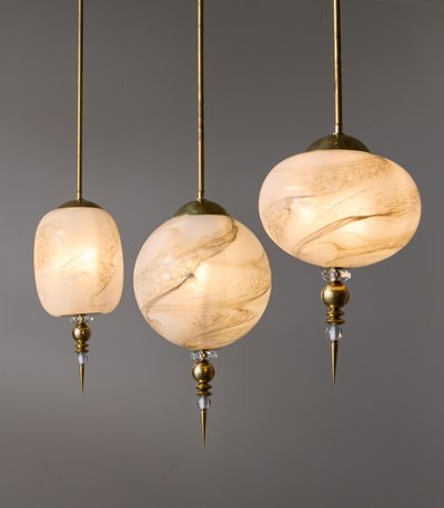 Brass pendant lights with painted glass globes