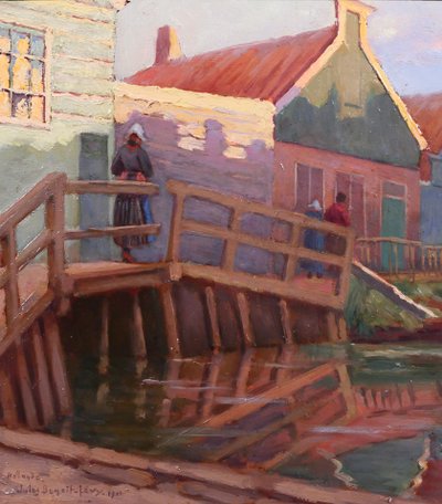 Jules Benoit-LEVY 1866-1952 Pays-Bas, paysage aux maisons colorées, Volendam ? tableau 1901