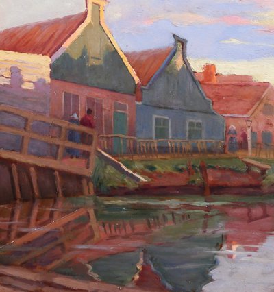 Jules Benoit-LEVY 1866-1952 Pays-Bas, paysage aux maisons colorées, Volendam ? tableau 1901