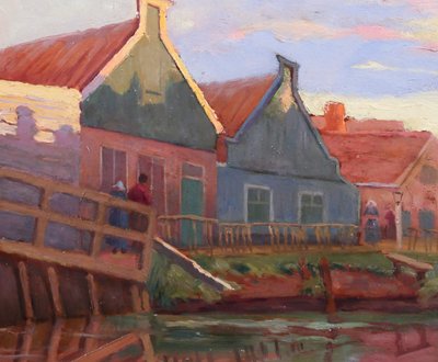 Jules Benoit-LEVY 1866-1952 Pays-Bas, paysage aux maisons colorées, Volendam ? tableau 1901