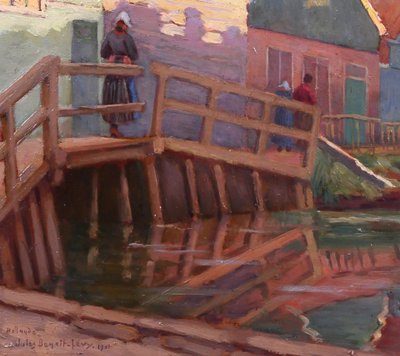 Jules Benoit-LEVY 1866-1952 Pays-Bas, paysage aux maisons colorées, Volendam ? tableau 1901