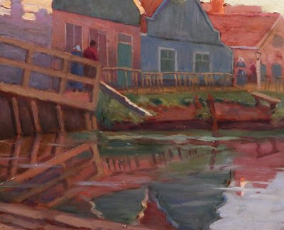 Jules Benoit-LEVY 1866-1952 Pays-Bas, paysage aux maisons colorées, Volendam ? tableau 1901