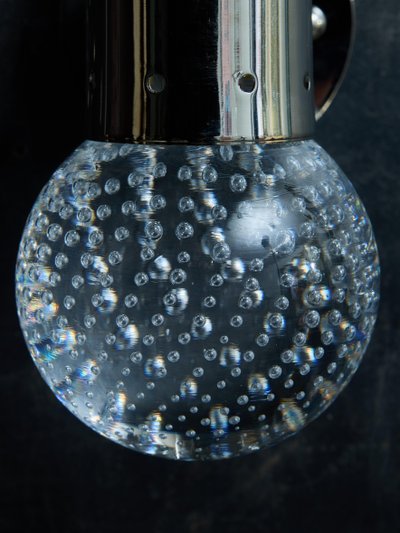 Nickel-plated brass wall sconces with bubbled Murano glass globe